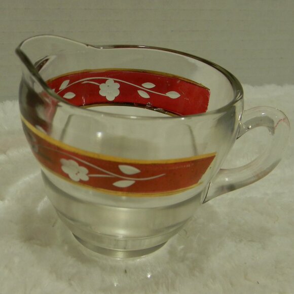 Vintage Bartlett Collins Red Gold Creamer Jar Etched Glass - Picture 2 of 5